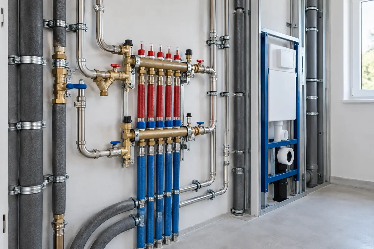 Fachgerecht installierte Trinkwasserverteilung und Sanitär-Vorwandinstallation