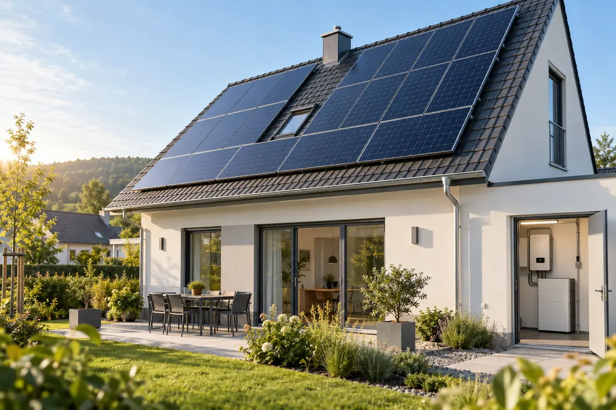 Modernes Wohnhaus mit Photovoltaikanlage, Wechselrichter und Batteriespeicher