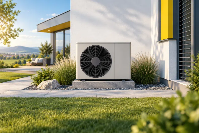 Illustration einer Wärmepumpe vor einem modernen Wohnhaus